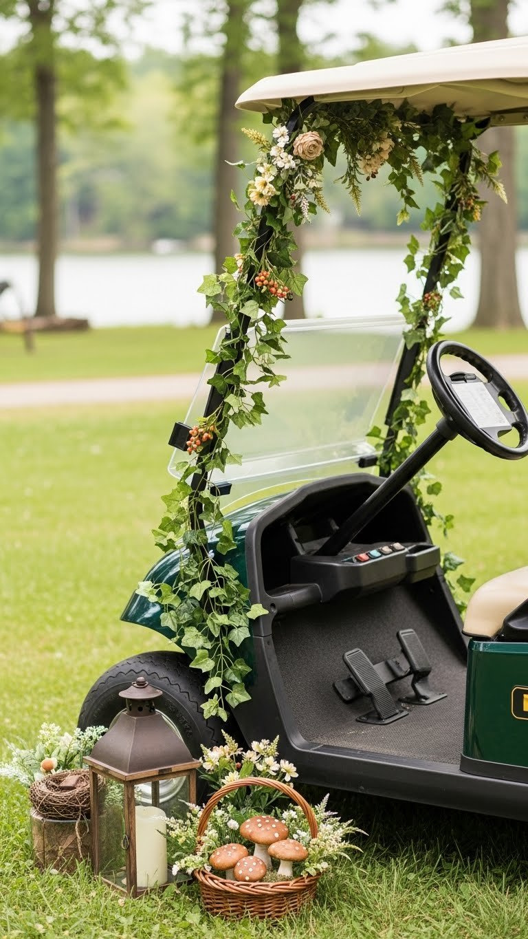 Eco-Friendly Nature-Themed Golf Cart With Faux Ivy, Wildflowers, And Rustic Wooden Accents In Serene Forest Clearing Setting