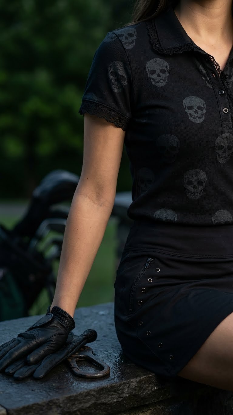 Edgy Y2K Female Golfer In Black Skull-Print Polo With Lace Trim, Black Skort, Golf Glove On A Dark Stone Surface.