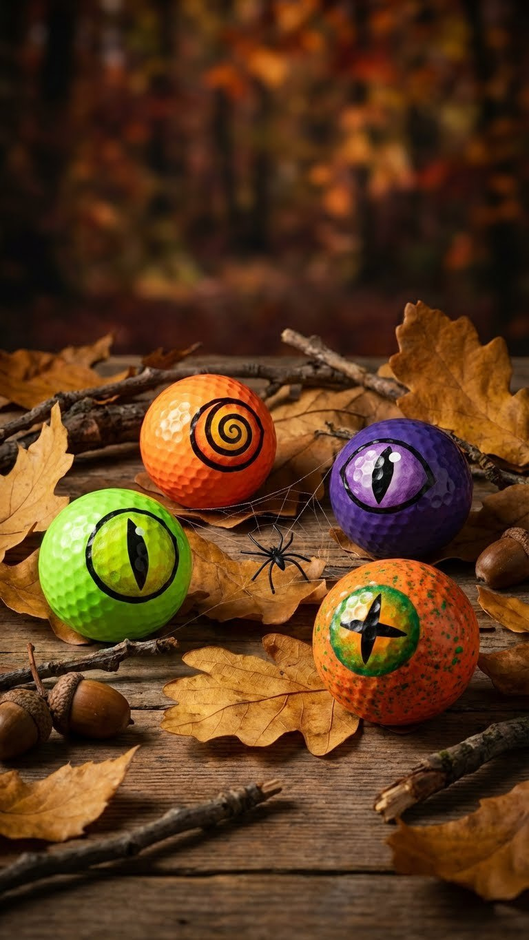 7 Easy Funny Golf Ball Crafts: Quirky Diy Projects Eerie Golf Ball Monster Eyes In Neon Colors Scattered On Autumn Leaves With Spider Webs For Halloween Decor Against Blurred Background
