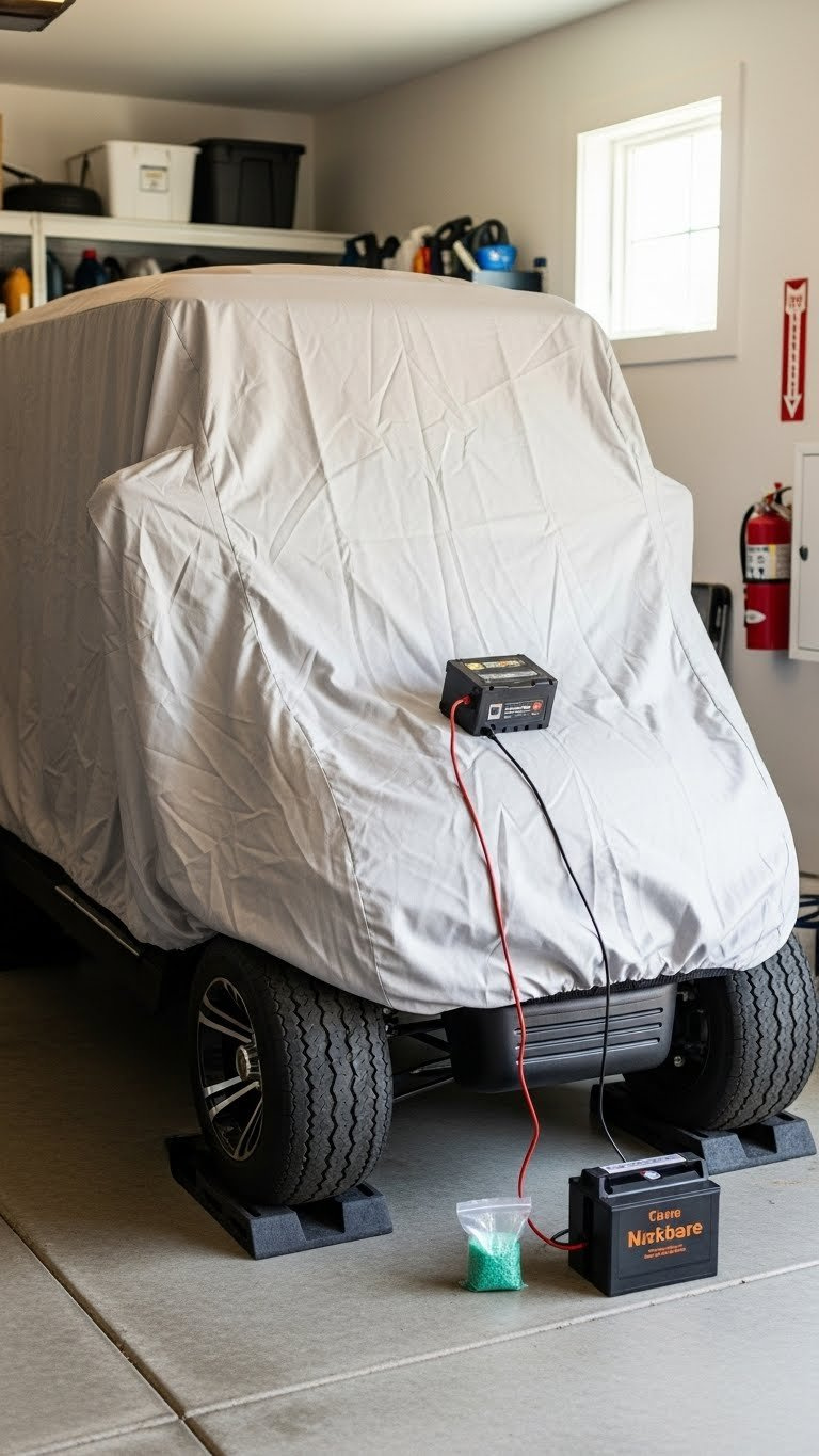 Electric Golf Cart Covered With Breathable Cover And Connected To Battery Maintainer For Long-Term Storage Preparation