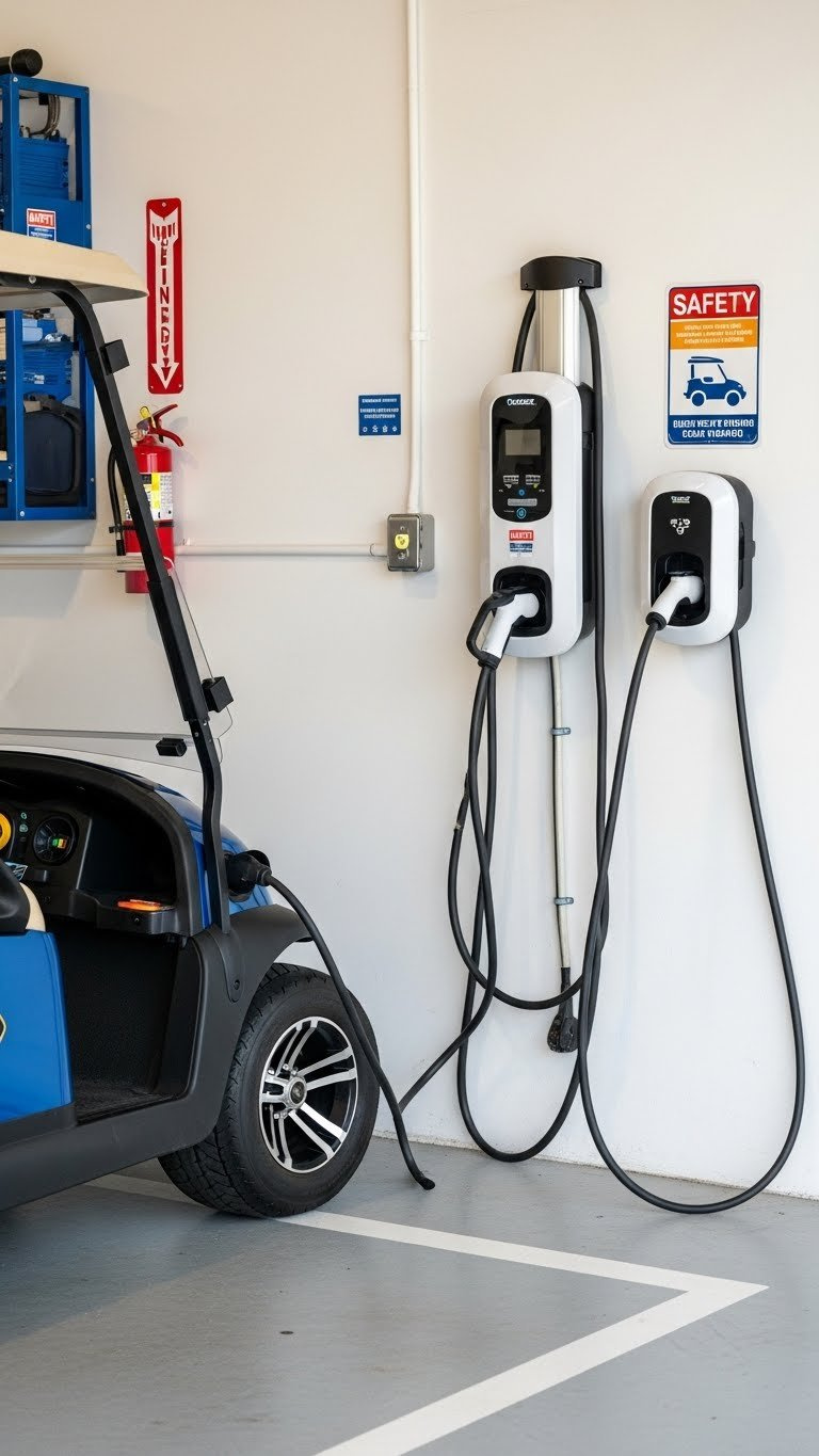 Electric Golf Cart Plugged Into Wall-Mounted Charging Station With Cable Management In Clean Epoxy-Floor Garage