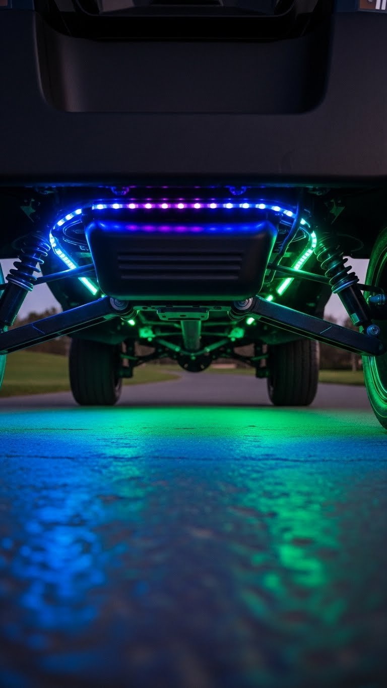 Electric Golf Cart With Vibrant Rgb Led Underbody Glow Illuminating The Undercarriage At Dusk On A Paved Path