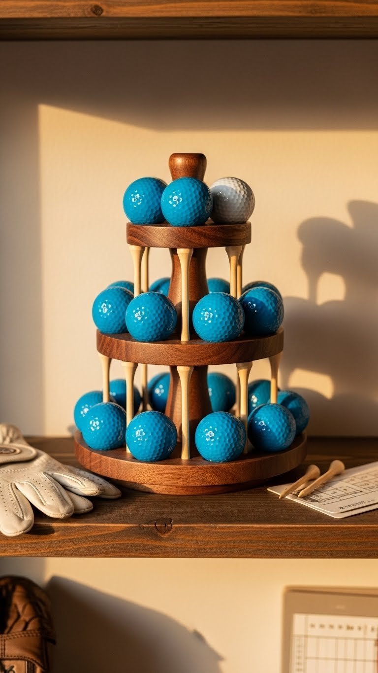 Elegant 3-Tiered Dark Walnut Stand Displaying Vibrant Blue Golf Balls &Amp; Wooden Tees On A Reclaimed Shelf. Perfect Golf Decor.