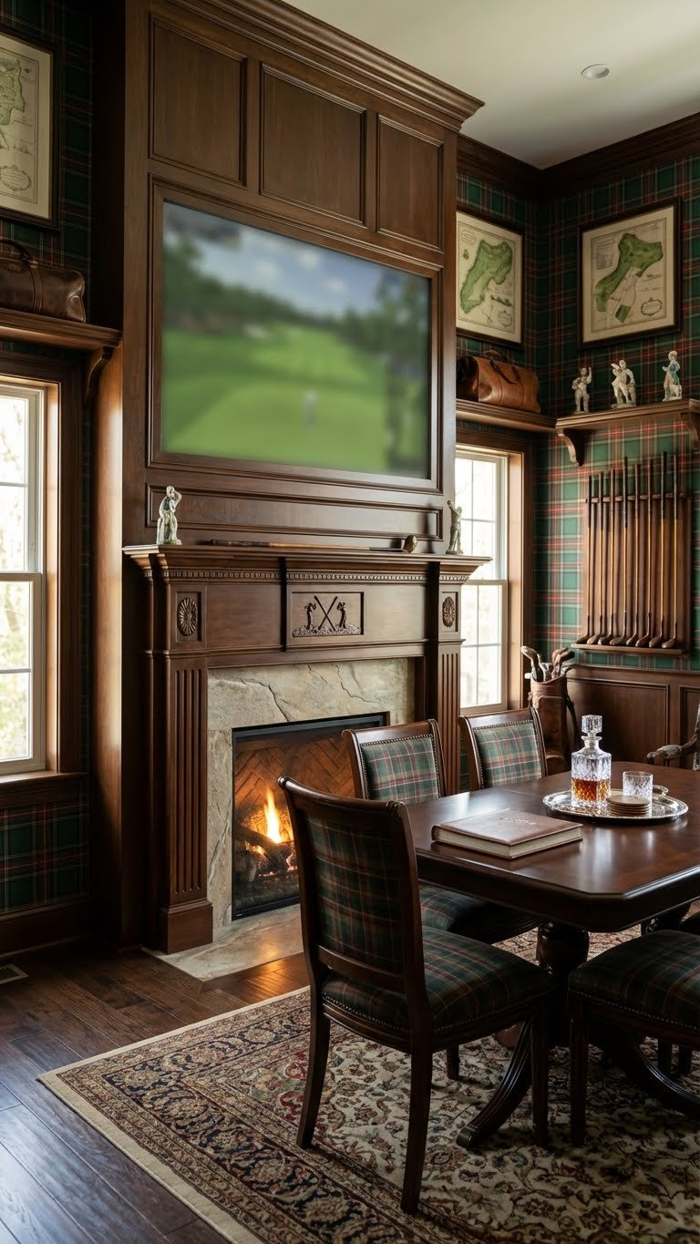 Elegant Old World Golf Simulator With Tartan Wallpaper, Stately Fireplace, And Classic Golf Course Display.