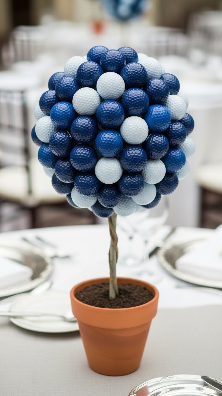 Elegant Blue Golf Ball Topiary Tree Centerpiece In Terracotta Pot On Linen Tablecloth, Perfect Golf Event Decor.