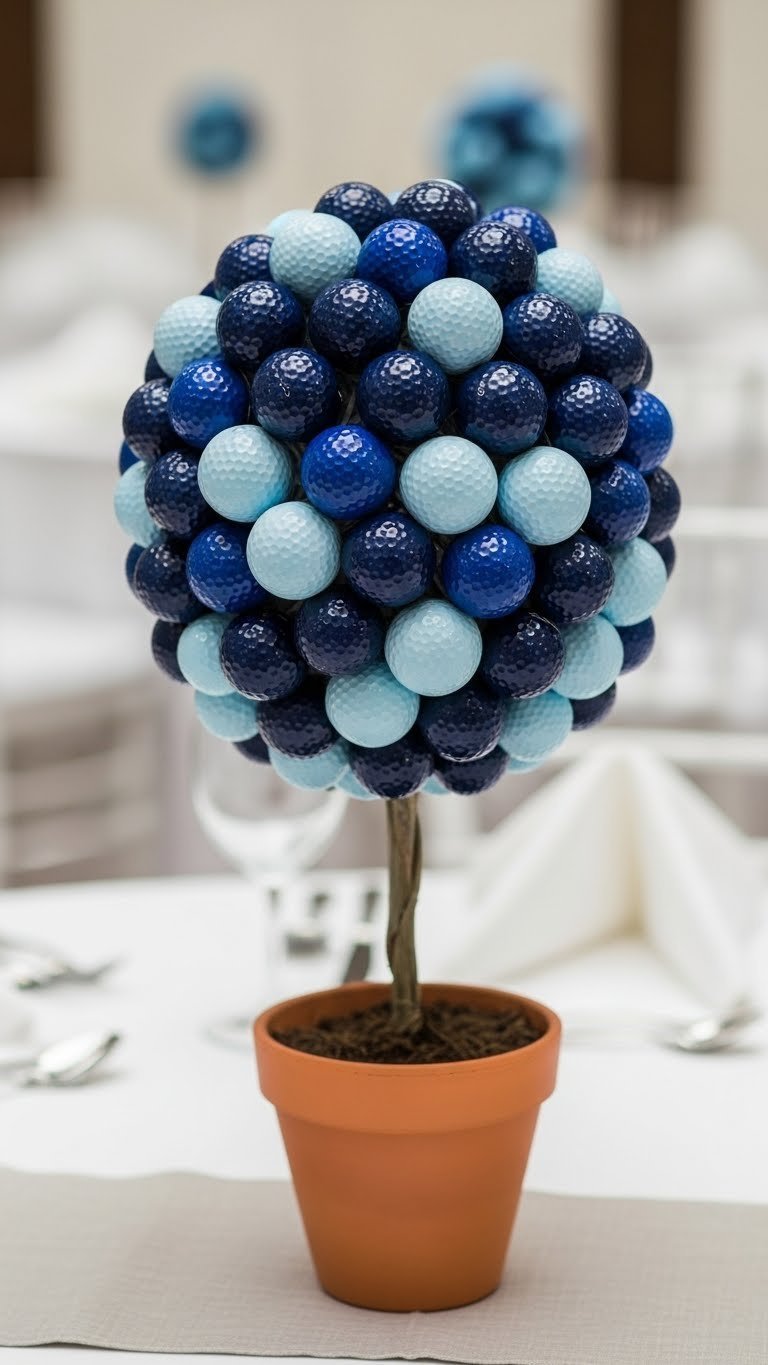 Elegant Blue Golf Ball Topiary Tree Centerpiece In Terracotta Pot On Linen Tablecloth, Perfect Golf Event Decor.