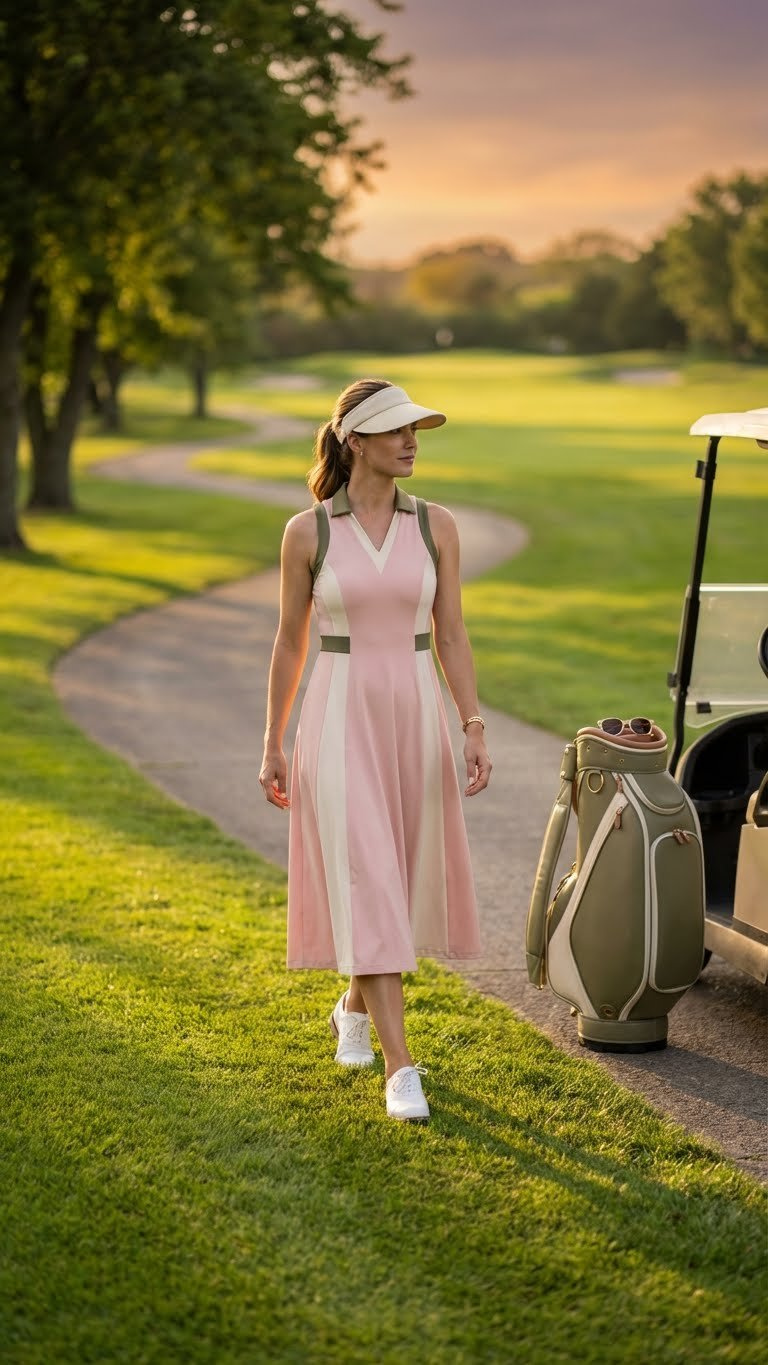 Elegant Female Golfer In A Pink A-Line Golf Dress And Sun Visor, Walking Confidently On A Golf Cart Path At Sunset.