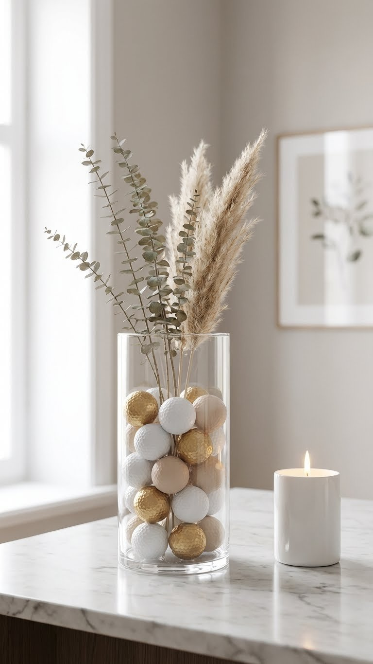 Elegant Glass Vase With Monochromatic Golf Ball Fillers In Matte White, Beige, And Gold, Accented By Pampas Grass.