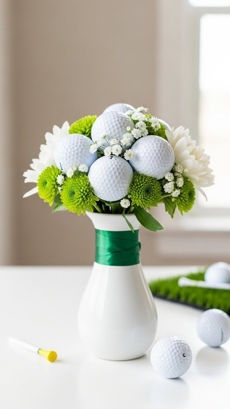 Elegant Golf Ball Bouquet Arrangement With White Golf Balls And Fresh Green Flowers In A Minimalist Vase Against Soft Bokeh Background