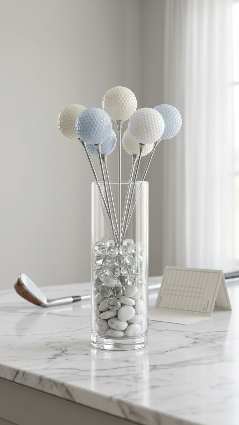 Elegant Golf Ball Centerpiece In Clear Glass Vase With Marbles On Marble Counter, Subtle Golf Club, Perfect For Sophisticated Decor.