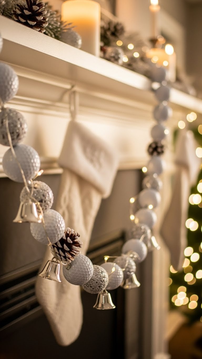 Elegant Golf Ball Garland With Pinecones And Bells Draped Over Fireplace Mantel With Christmas Decor