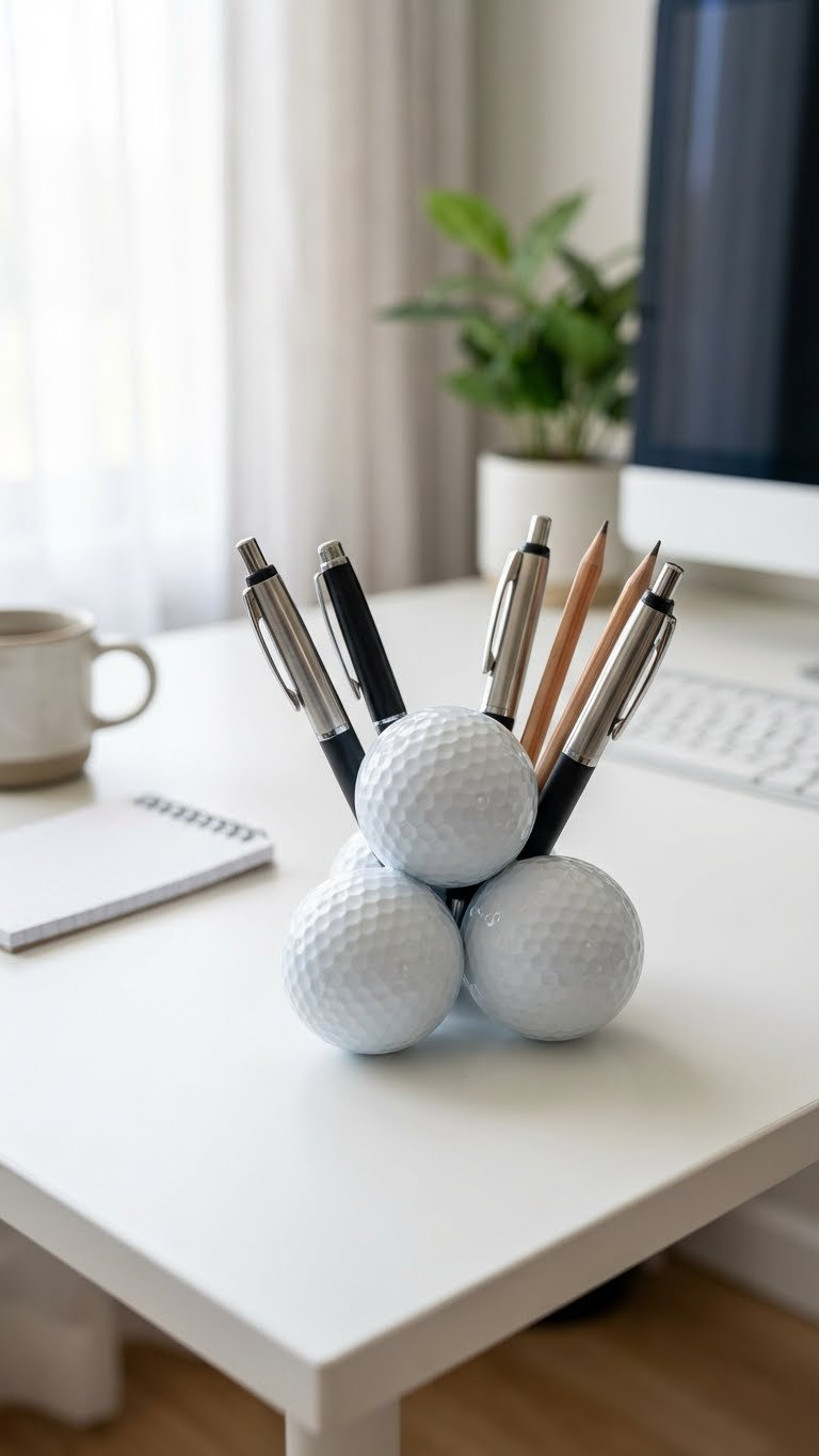 9 Proven Golf Ball Crafts For Dad: Essential Diy Gifts Elegant Golf Ball Pen Holder, Crafted From Glossy Golf Balls, Organizes Pens On A Minimalist White Desk For Office Decor.