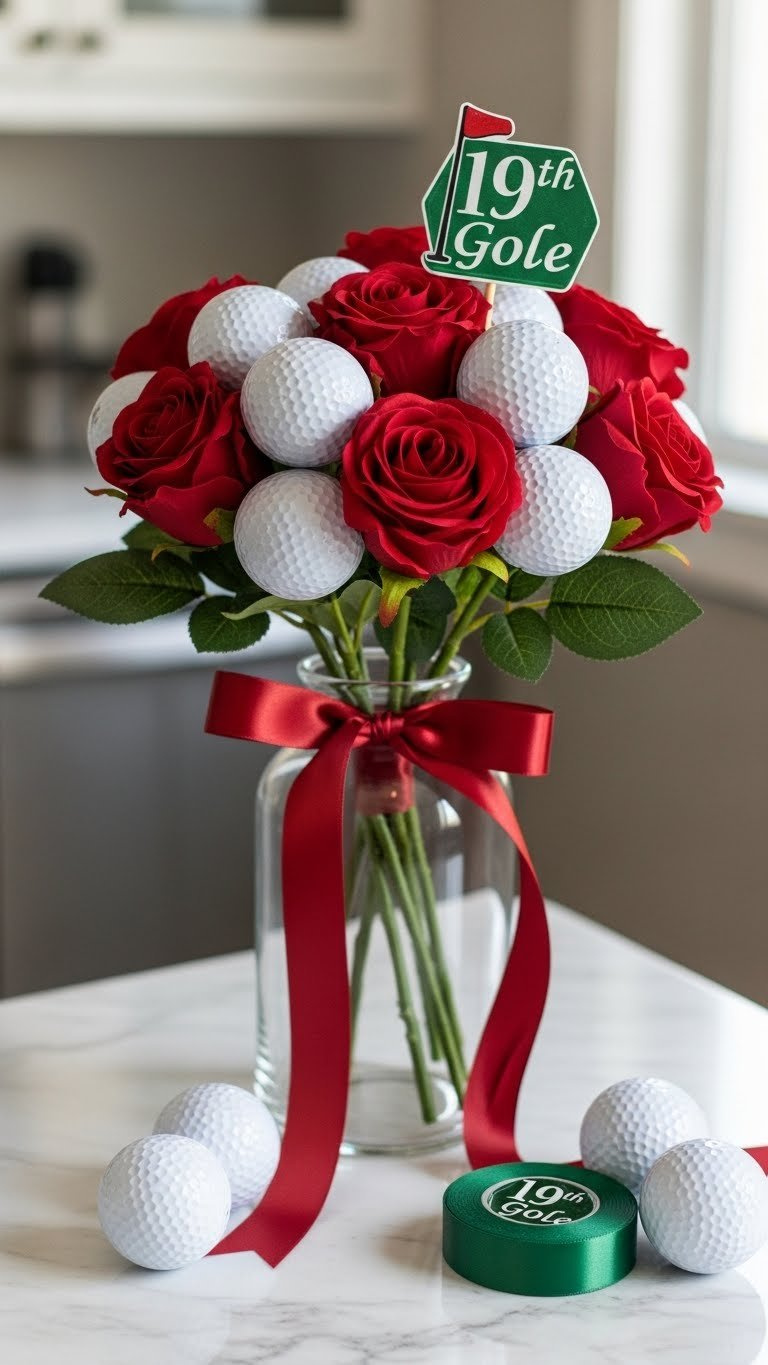 Elegant Golf Ball Rose Bouquet, Deep Red Artificial Roses, White Golf Balls, Green Stems In Glass Vase On Marble, '19Th Hole' Sign.