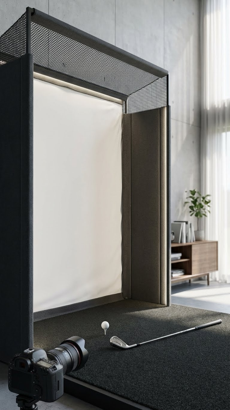 Elegant Golf Simulator Enclosure With Taut Impact Screen, Integrated Lighting, Golf Ball, And Club, Ideal For Custom Home Golf Setups.