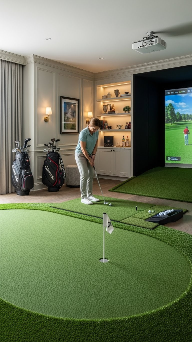 Elegant Golf Simulator Room With Integrated Putting Green, Vibrant Course Display Screen, And Luxury Furniture Finishes