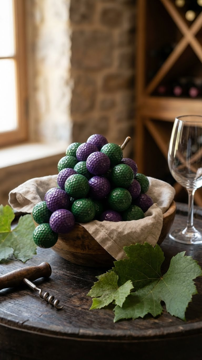 7 Creative Fruit Golf Ball Crafts: Easy Diy Ideas Elegant Grape Cluster Golf Balls In A Rustic Wooden Bowl With Wine Leaves And Corkscrew, Set In A Vineyard.
