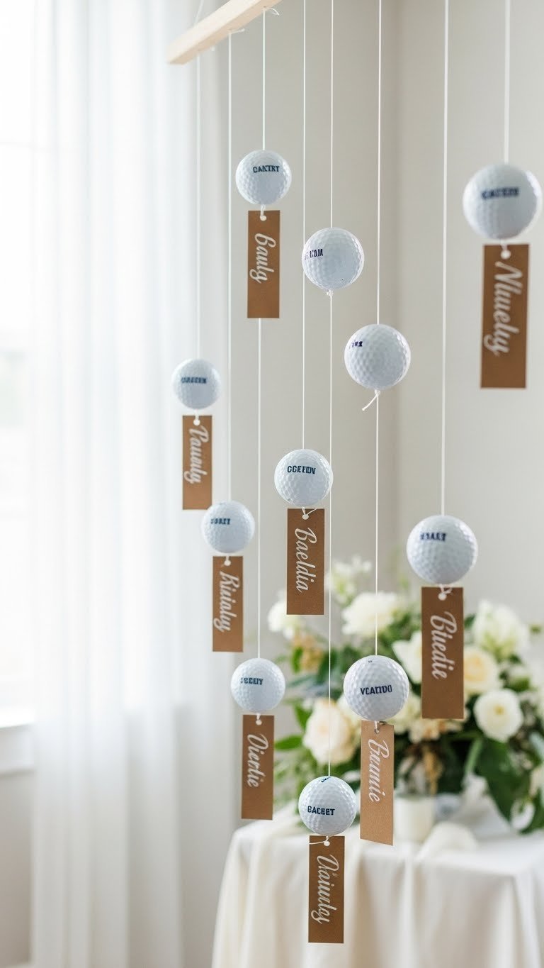 Golf Ball Seating Chart Wedding: 9 Genius Diy Ideas For Couples Elegant Hanging Golf Ball Seating Chart With Personalized Guest Names Suspended From Delicate Fishing Line Strands