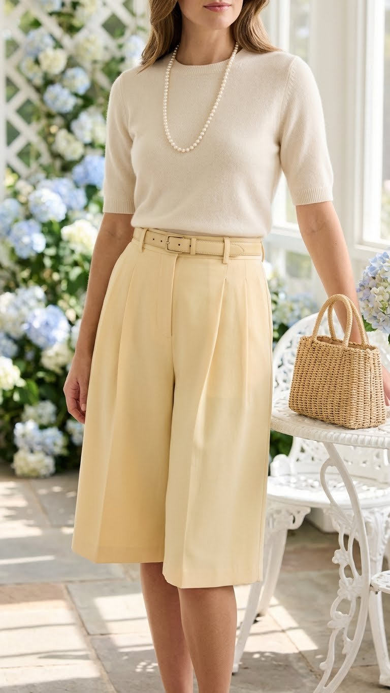 Elegant Ladies' Vintage Golf Outfit: High-Waisted Pleated Skirt, Pastel Knit Sweater On A Country Club Patio With Hydrangeas.