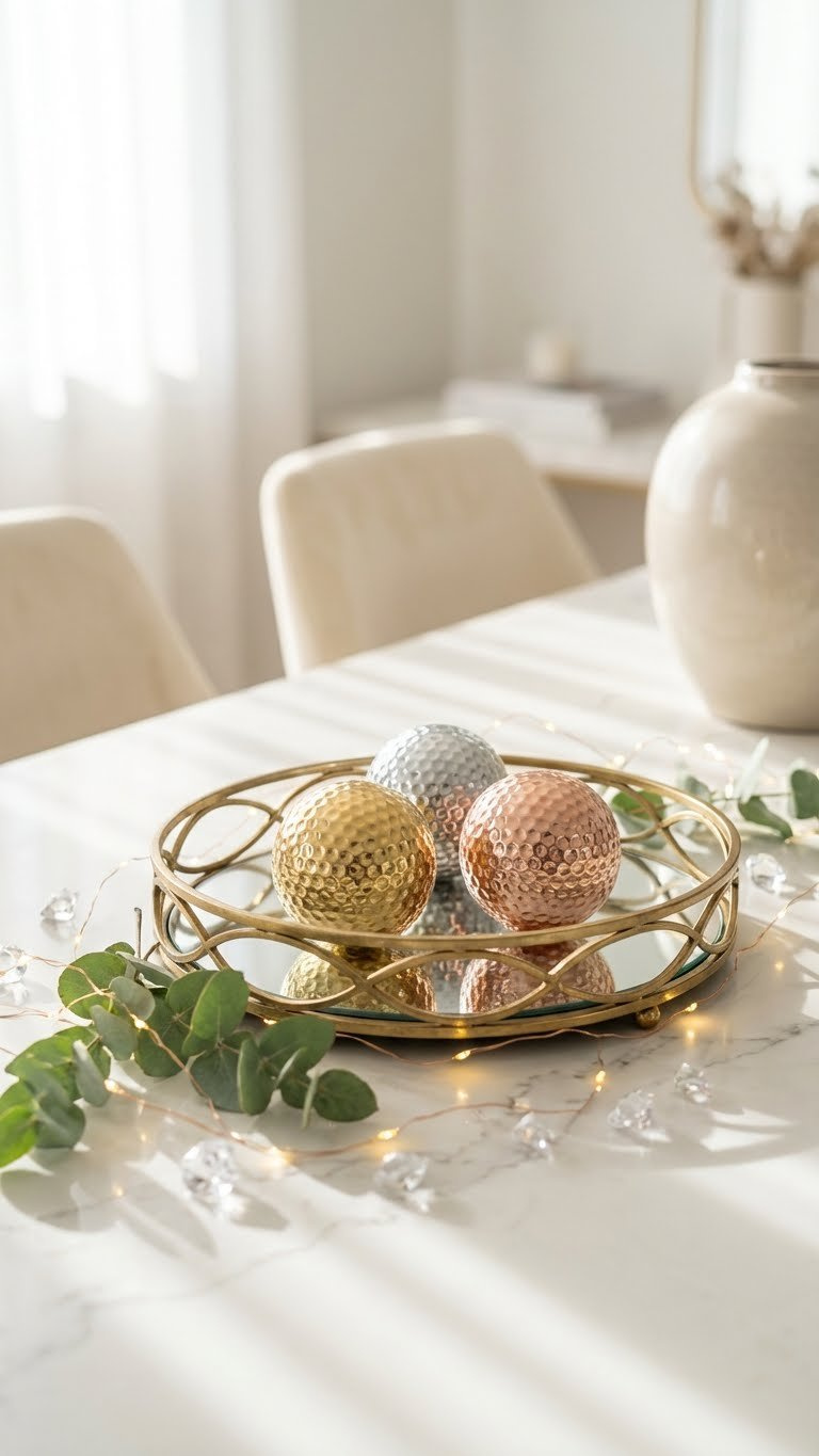 Golf Ball Crafts Projects: 7 Genius Upcycling Ideas Elegant Metallic Golf Ball Centerpiece Spheres In Gold, Silver, And Rose Gold, Arranged On Marble With Fairy Lights.