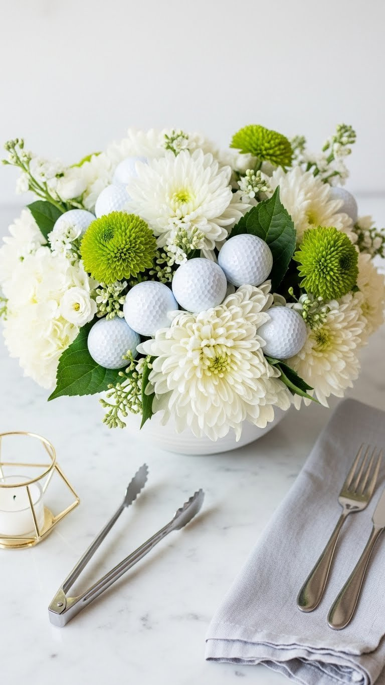 Golf Ball Bouquet: 9 Stunning Diy Ideas For The Ultimate Gift Elegant Minimalist Green And White Golf Ball Bouquet Centerpiece With White Hydrangeas, Green Foliage In A Wide Bowl On Marble.