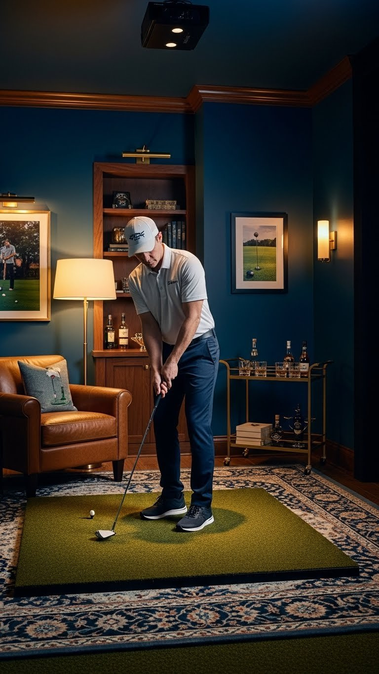 Elegant Multi-Purpose Golf Simulator Lounge With Navy Blue Walls, Leather Furniture, Bookshelf, And Whiskey Glasses On Bar Cart
