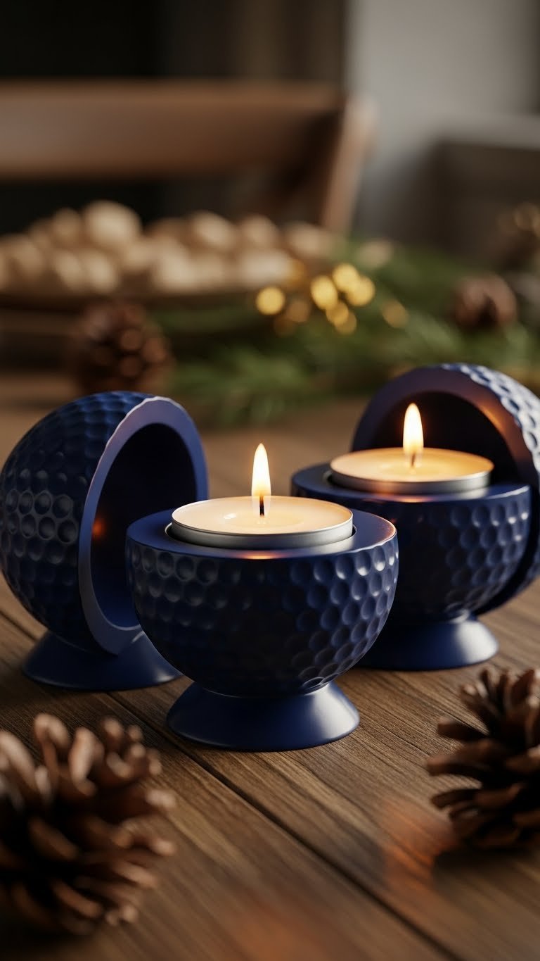 Elegant Navy Blue Golf Ball Candle Holders With Lit White Tea Lights On Rustic Wooden Table. Cozy Golf Decor.