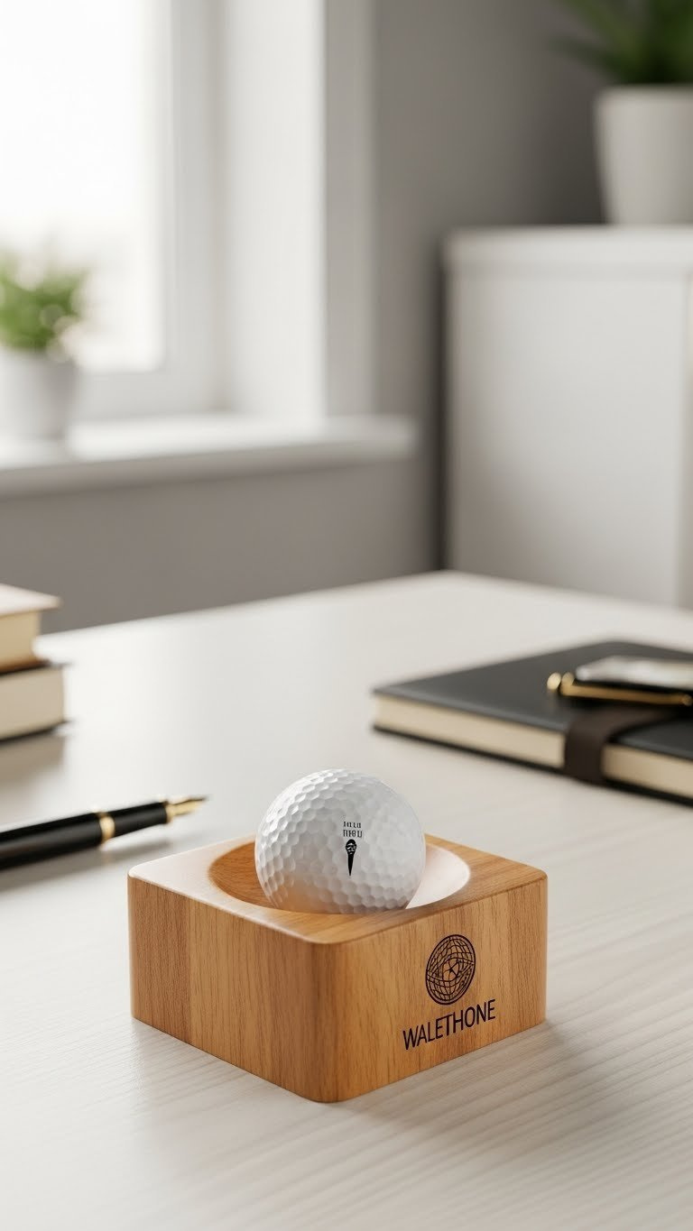 Elegant Personalized Wooden Desk Pedestal Holding Single Golf Ball With Walnut Finish On Minimalist Surface With Soft Window Light.