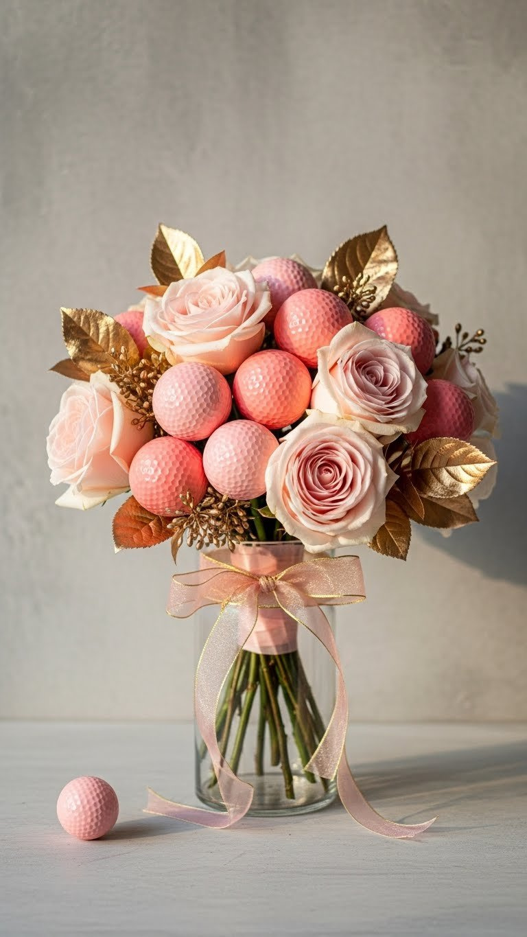 Elegant Pink Golf Ball Bouquet Featuring Pale Pink Roses, Gold Leaves, And Coral Golf Balls In A Clear Glass Vase With Gold Ribbon.