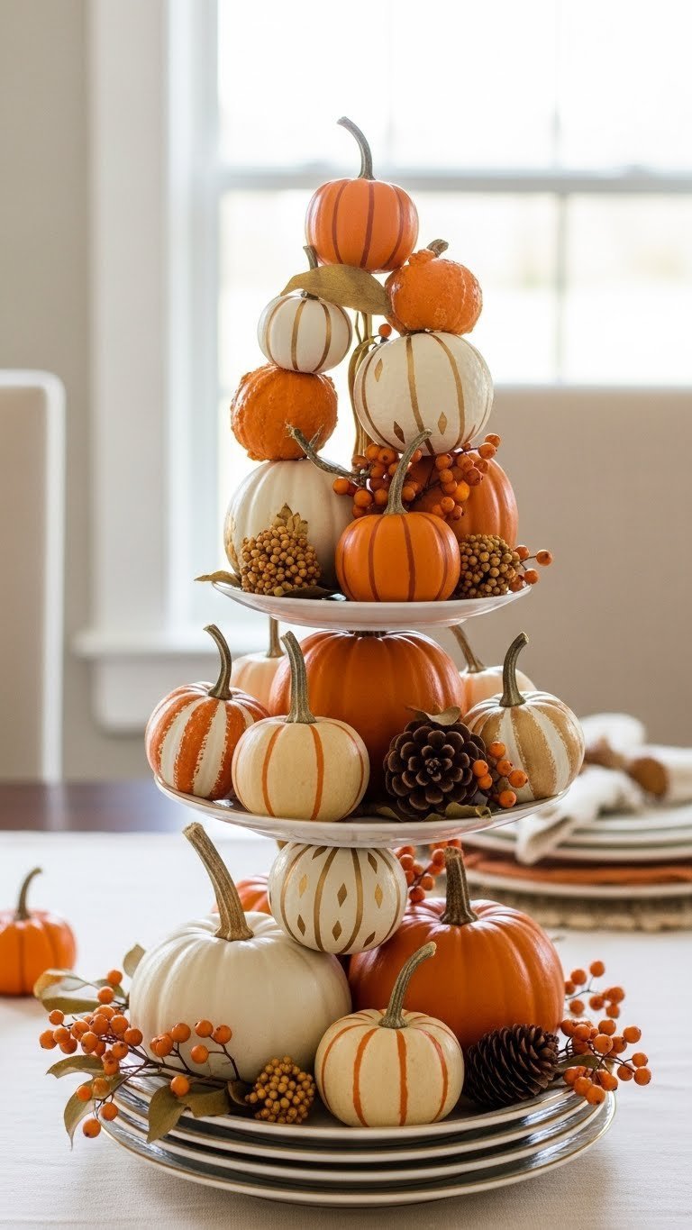 Elegant Tiered Golf Ball Pumpkin Centerpieces Arranged On Decorative Stand With Autumn Berry Accents