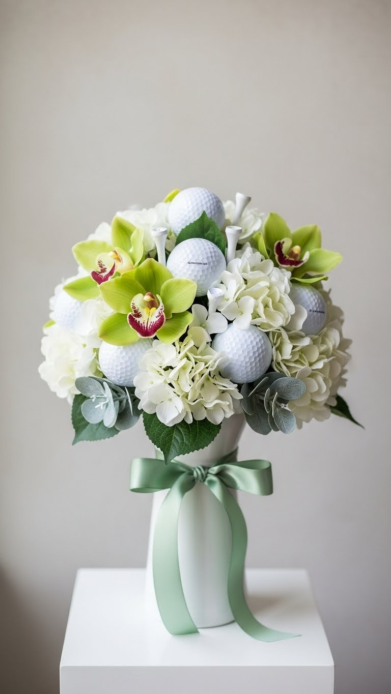 Elegant White Golf Ball And Silk Flower Bouquet In Slender Vase With Ribbon, On White Pedestal, Sophisticated Golf Decor.