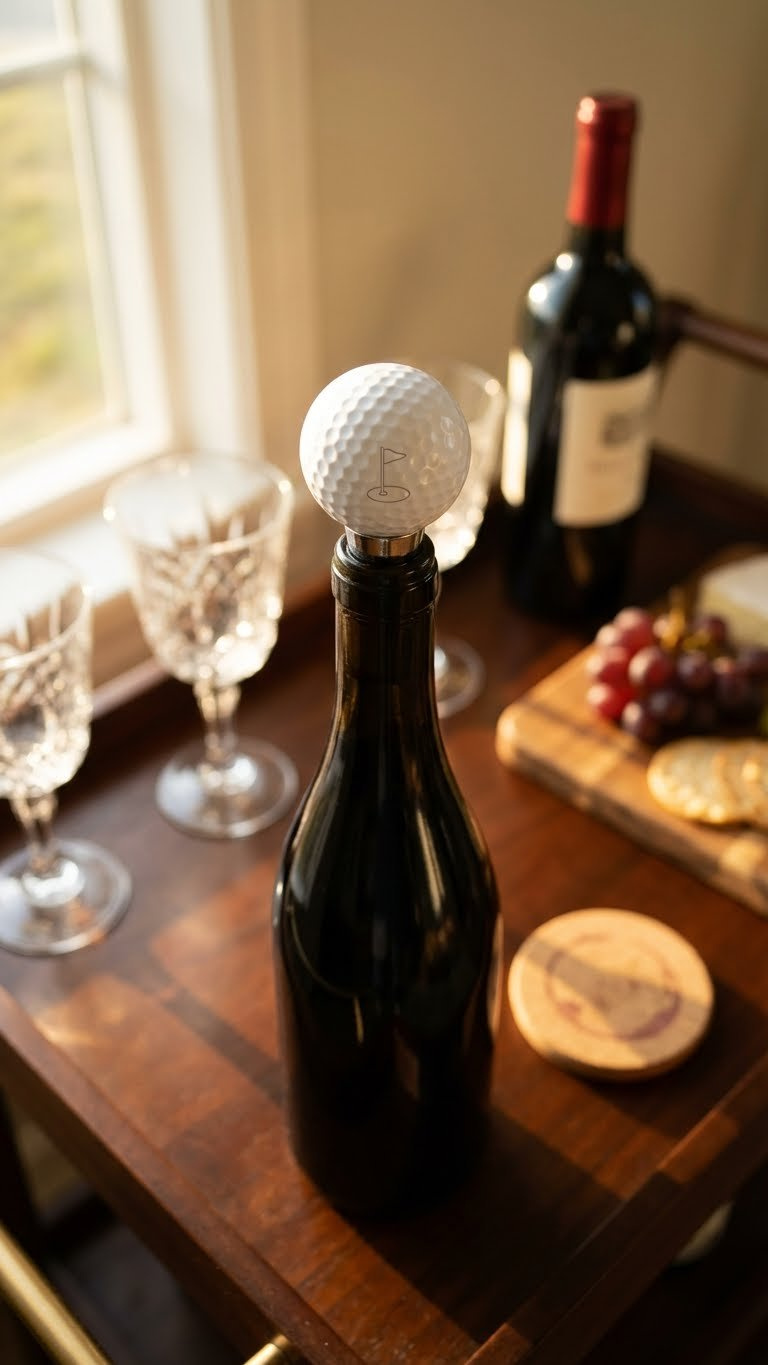 Essential Golf Ball Crafts: 13 Birthday Gifts That Impress Elegant White Golf Ball Wine Cork Stopper With A Subtle Design Sits Atop A Dark Wine Bottle On A Polished Wooden Bar.