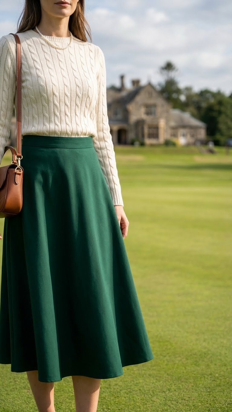 Modest Golfing Outfits For Women: 11 Chic Looks Elegant Woman In Dark Emerald Midi Golf Skirt, Cream Cable Knit Sweater, On A Pristine Golf Course Green.