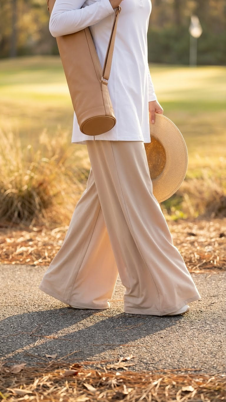 Modest Golfing Outfits For Women: 11 Chic Looks Elegant Woman In Flowing Beige Wide-Leg Golf Pants, White Full Coverage Top, Walking On A Sun-Kissed Golf Path.