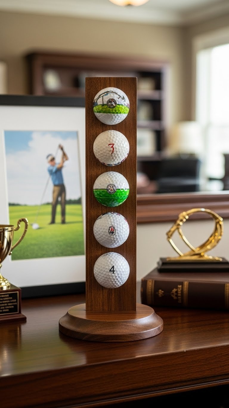 Elegant Wooden Display Stand Showcasing Beautifully Painted Golf Balls In Sophisticated Office Setting