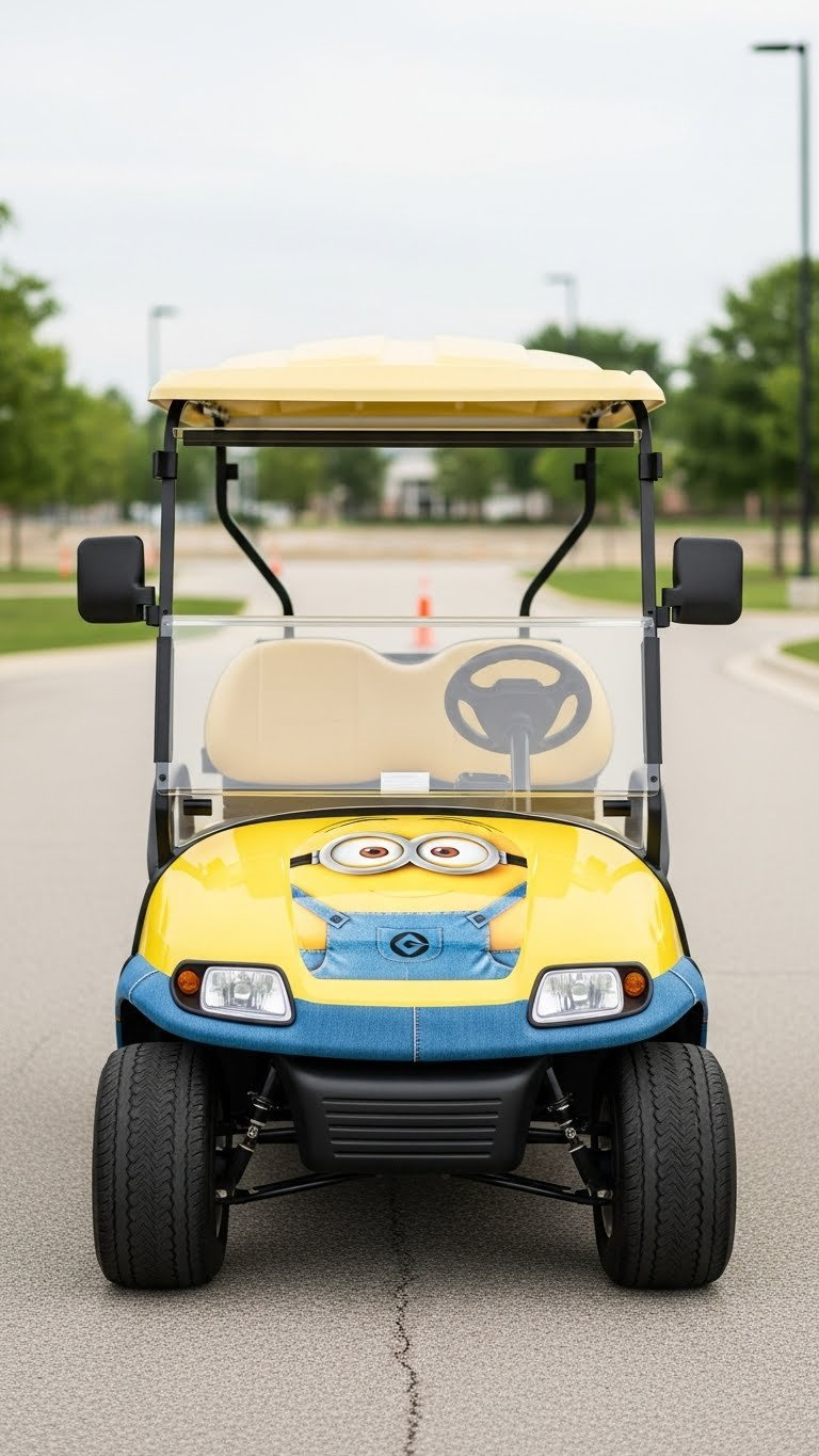 Elevated View Of Yellow And Blue Minion Golf Cart Showing Safety Features Like Reflective Tape On Paved Community Street