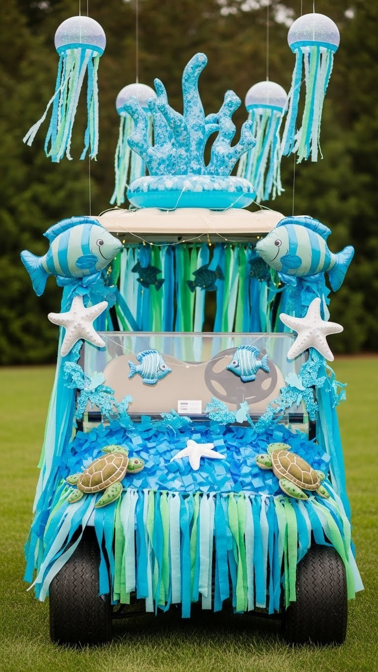 Enchanting Under The Sea Golf Cart Float With Glowing Led Lights, Marine Life Decorations, And Flowing Blue Streamers