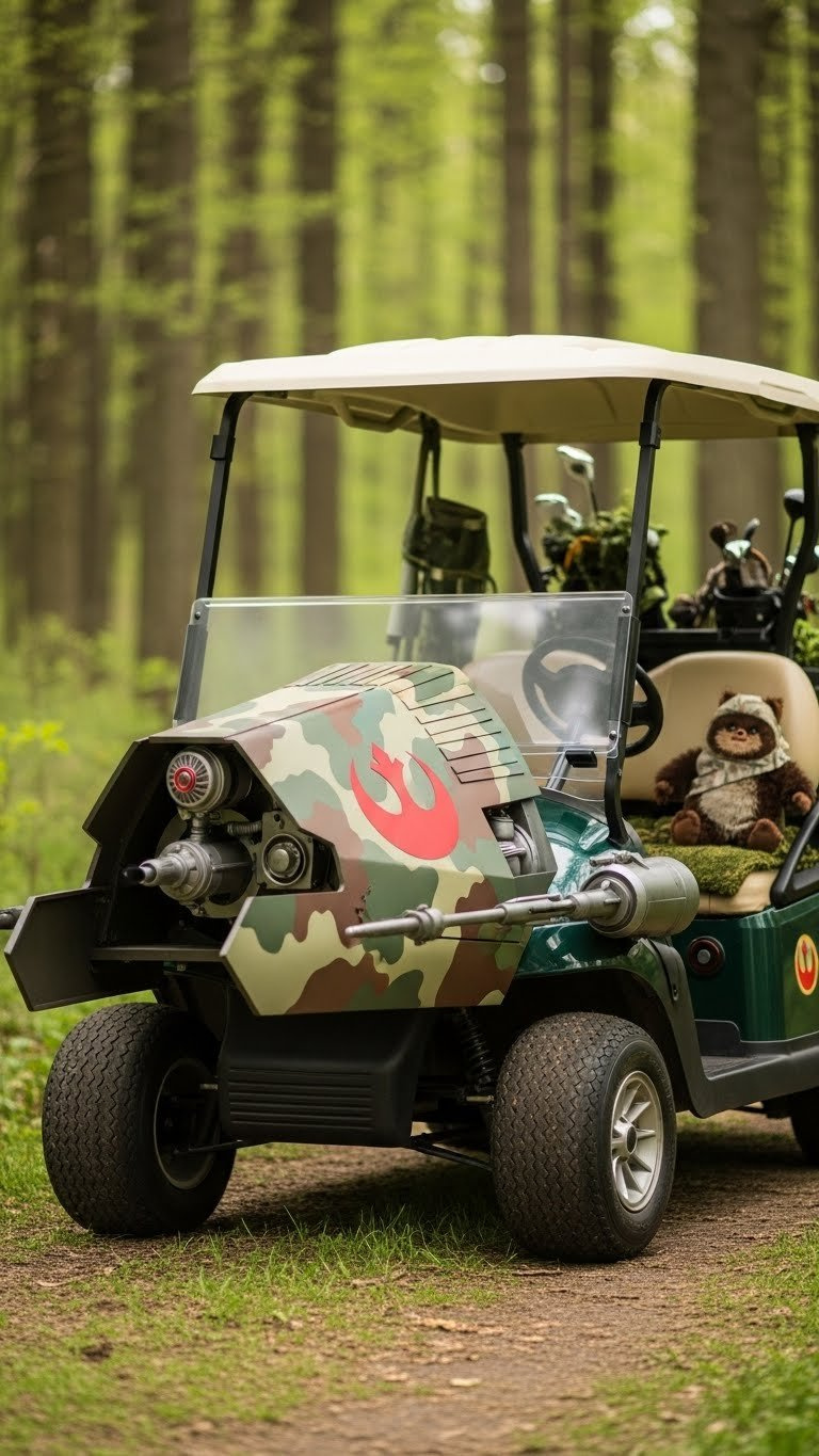 Endor Speeder Bike Golf Cart With Forest Camouflage And Rebel Alliance Insignia On Forest Path