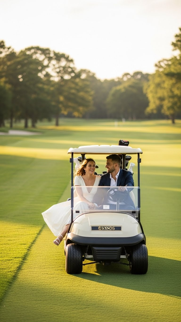 Engaged Couple Joyfully Riding A Modern Golf Cart Down Lush Green Fairway During Golden Hour With Wind Flowing Through Bride'S Dress