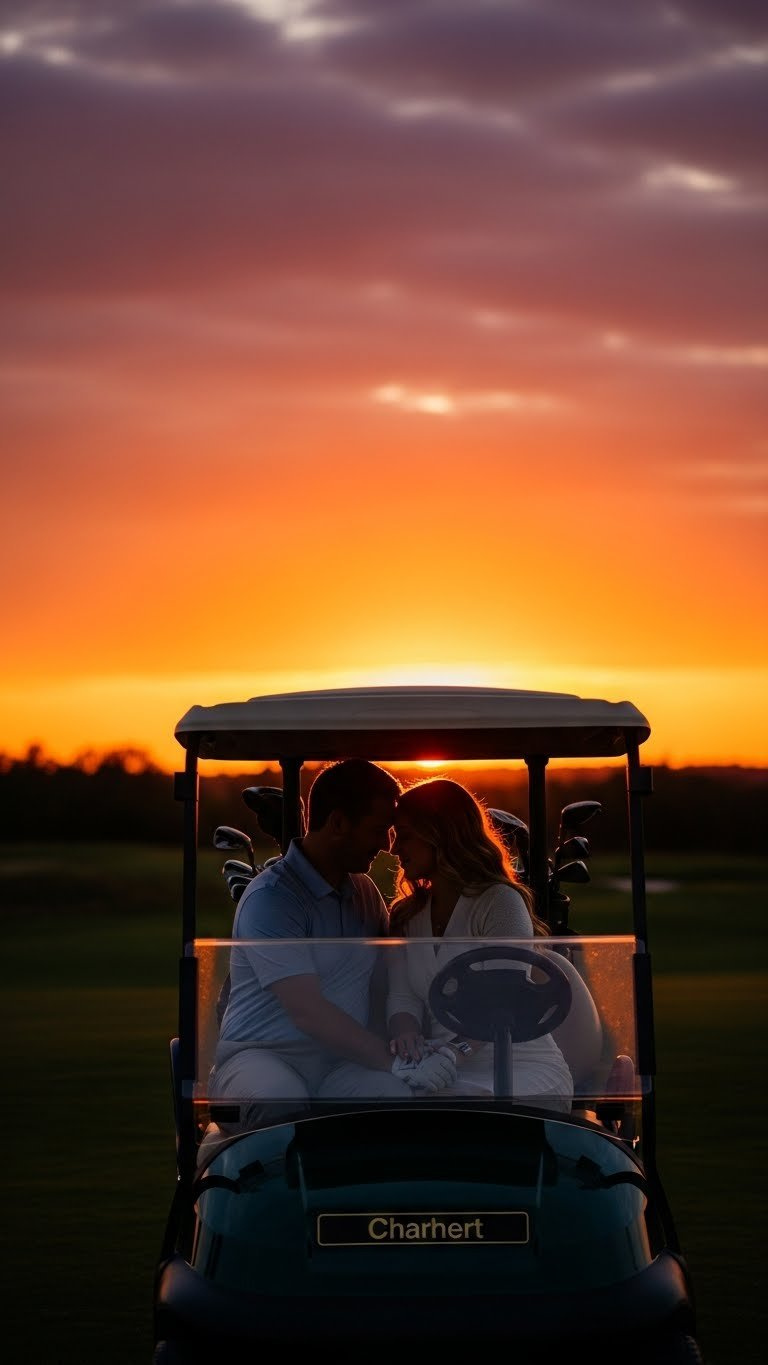 Engaged Couple Silhouetted Against Vibrant Sunset Sky While Sitting Closely In Golf Cart On Romantic Golf Course