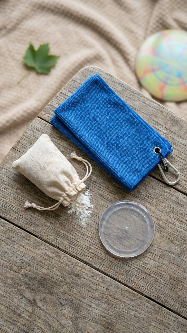 Essential Disc Golf Accessories: Microfiber Towel, Grip Bag, And Mini-Marker Disc, Neatly Arranged On A Weathered Wooden Table.