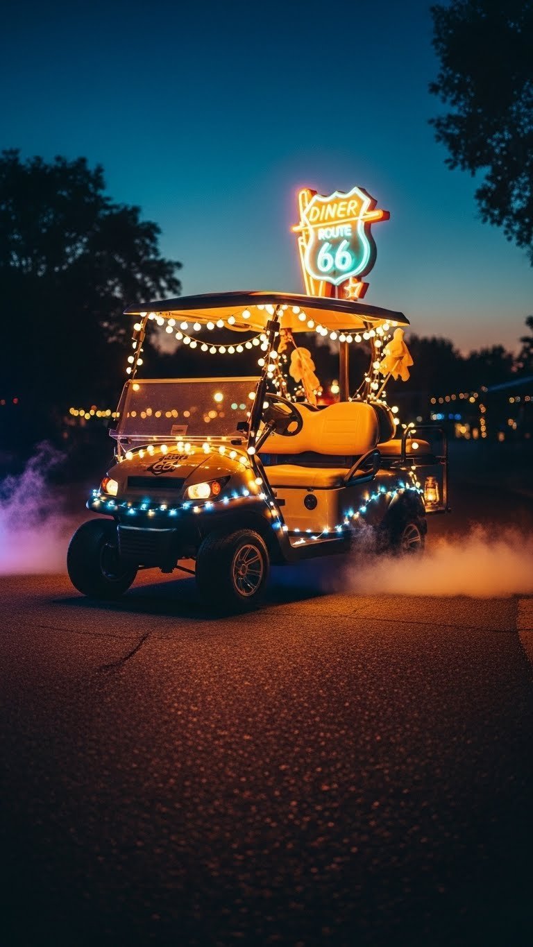 Evening Parade Golf Cart Illuminated With Warm String Lights And Subtle Neon Accents For Nighttime Spectacle