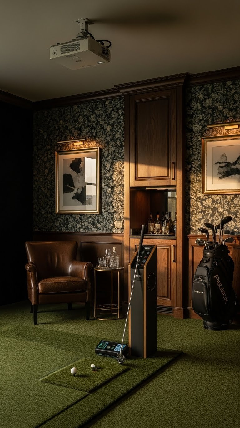 7 Expert Commercial Golf Simulator Room Designs Exclusive Luxury Golf Simulator Suite With Opulent Design, Premium Finishes, Integrated Amenities, And A Sophisticated Private Bay.