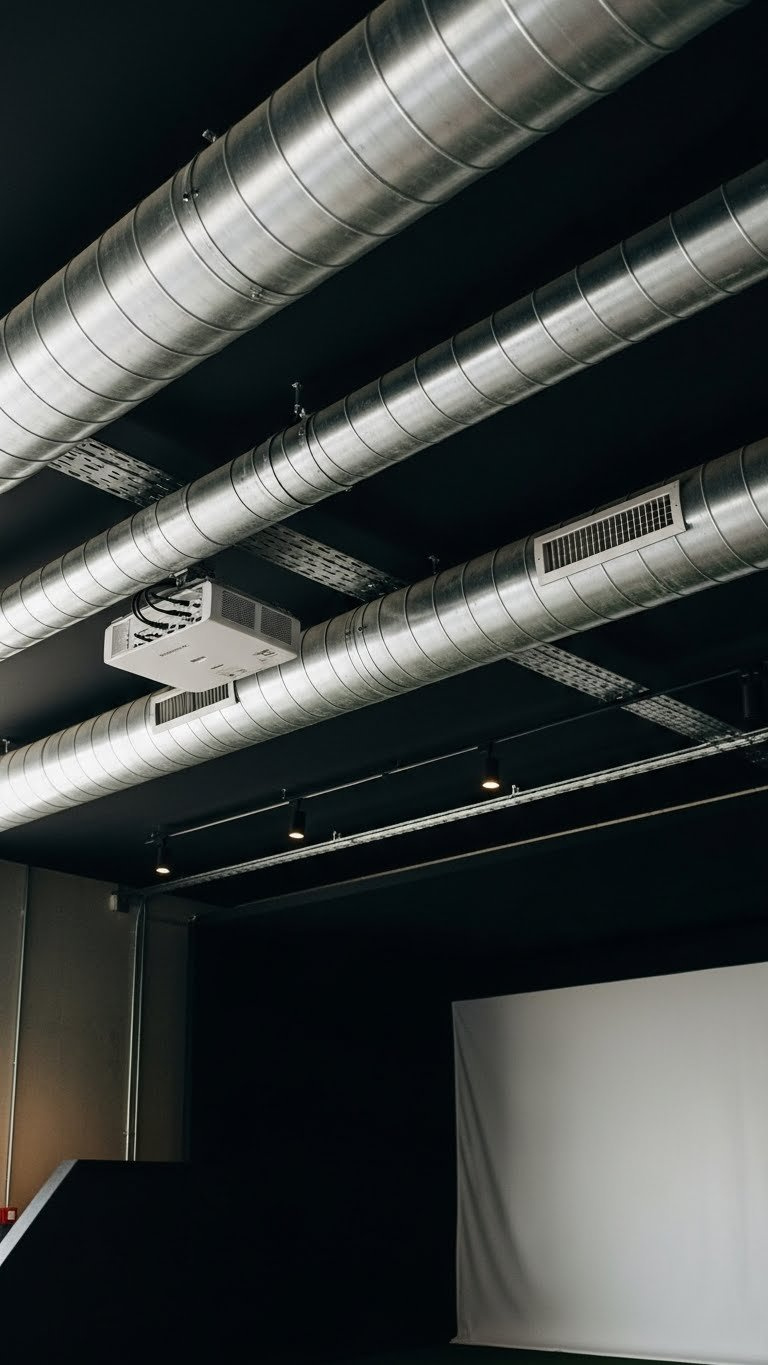 9 Essential Industrial Golf Simulator Room Ideas Exposed Ductwork And Ceiling Pipes In Industrial Golf Simulator Room With Dark Aesthetic