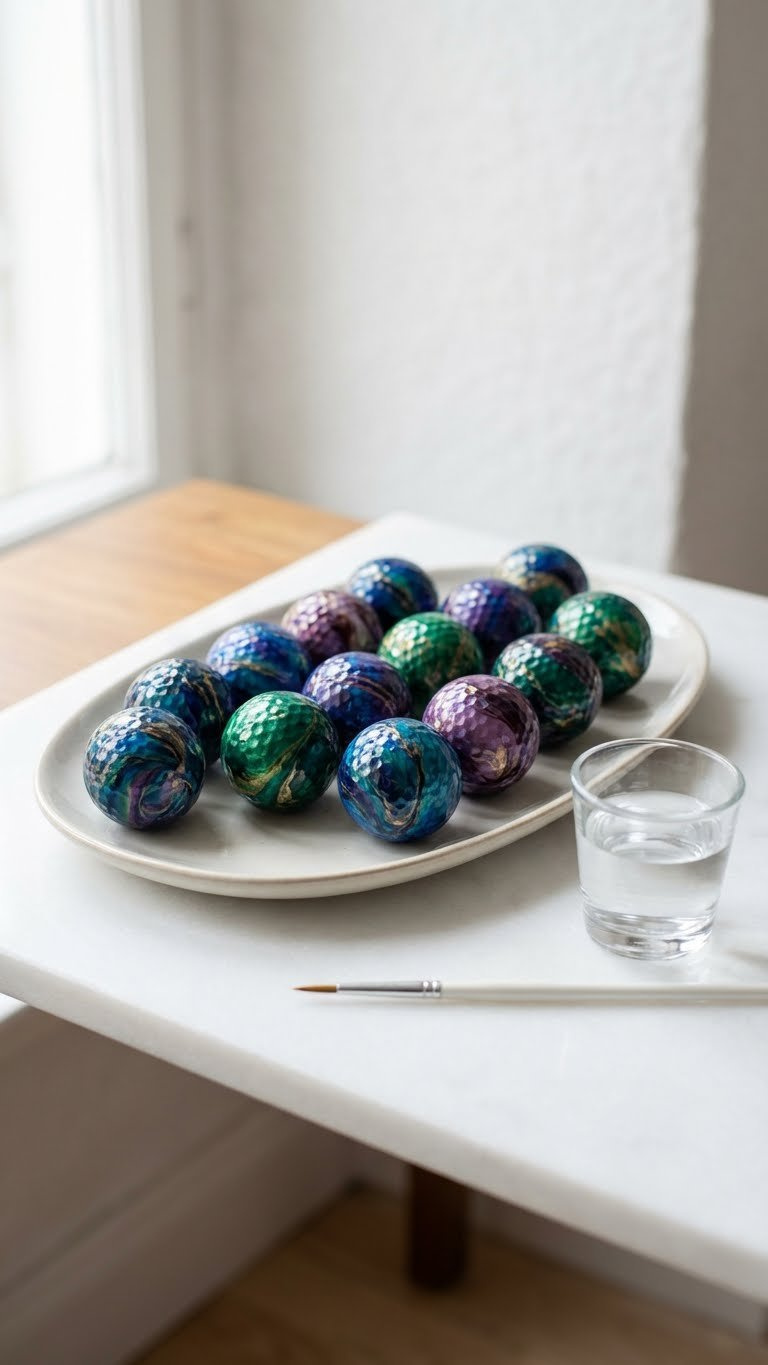 13 Golf Ball Crafts For Kids: Simple Diy Art &Amp; Play Exquisitely Marbled Golf Balls In Swirling Jewel Tones Display Elegantly On A Smooth Ceramic Plate, Showcasing Artistic Design.