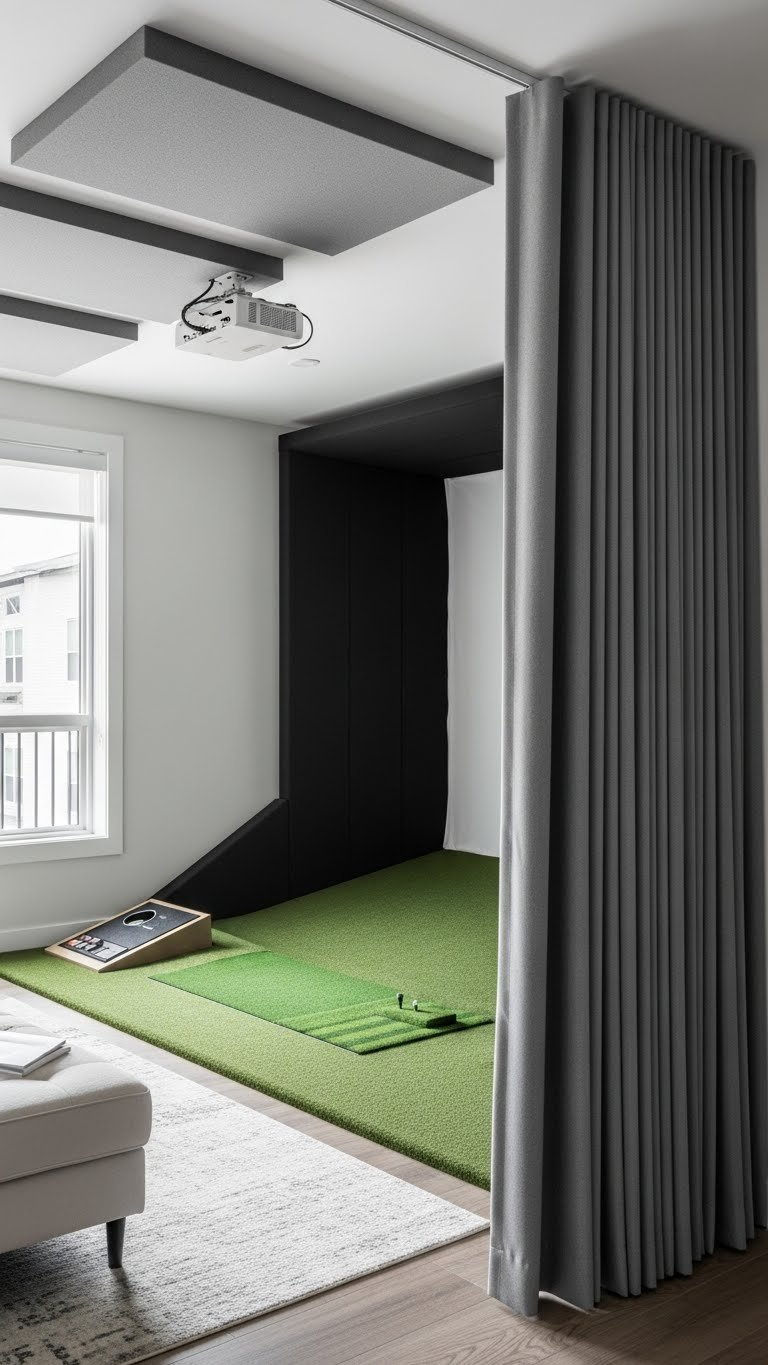 Golf Simulator Room Curtains Complete Guide For Home Setups Extra-Thick Quilted Acoustic Curtain In Apartment Golf Simulator Setup With Sound-Absorbing Foam Panels And Area Rug.