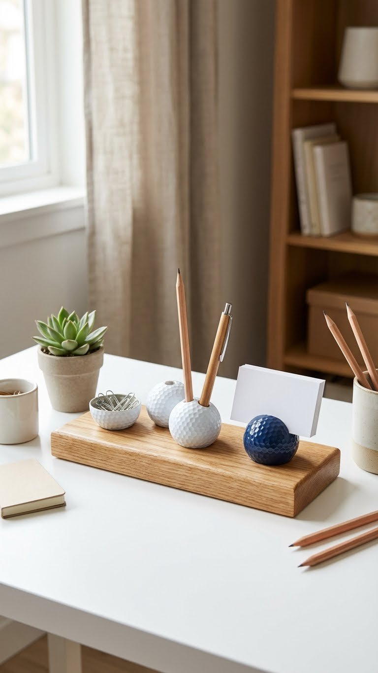 Golf Ball Crafts For Father'S Day: Ultimate Kid-Made Gifts Eye-Level Close-Up Of A Golf Ball Desk Organizer Holding Pens, Paperclips, And A Business Card On A Minimalist White Desk.