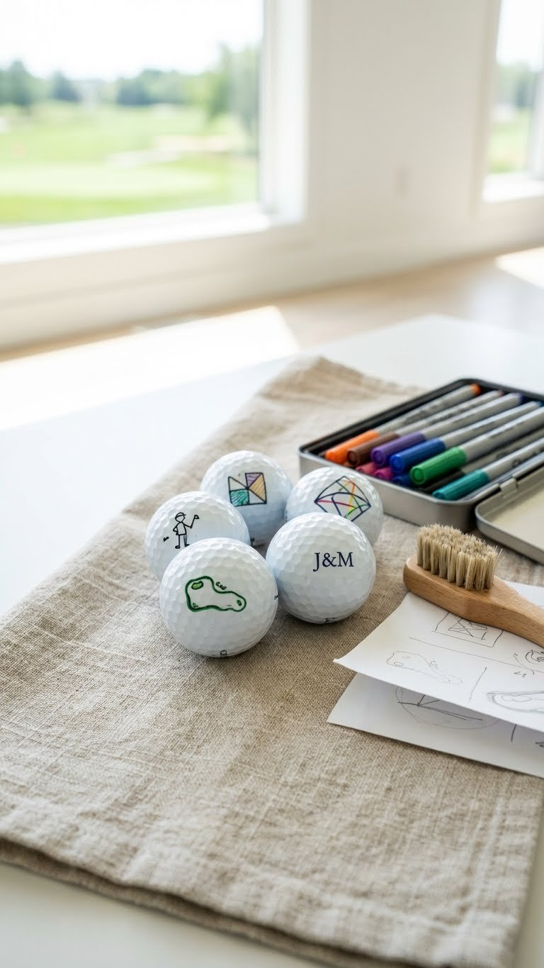 Golf Ball Crafts: 7 Unique Diy Gifts For Your Boyfriend Eye-Level Close-Up Of Custom Hand-Drawn Golf Balls With Unique Artistic Designs, Vibrant Markers, And Glossy Textures On A Linen Towel.