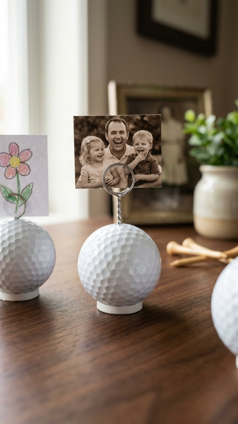Golf Ball Crafts For Father'S Day: Ultimate Kid-Made Gifts Eye-Level Close-Up Of White Golf Ball Photo Holders Displaying A Tiny Family Picture And A Hand-Drawn Image On A Dark Wood Desk.