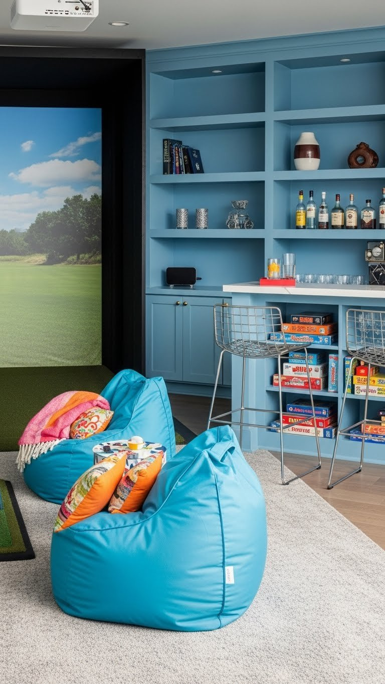 Family-Friendly Golf Simulator Entertainment Zone With Sectional Sofa, Accessible Bar, And Colorful Gaming Area