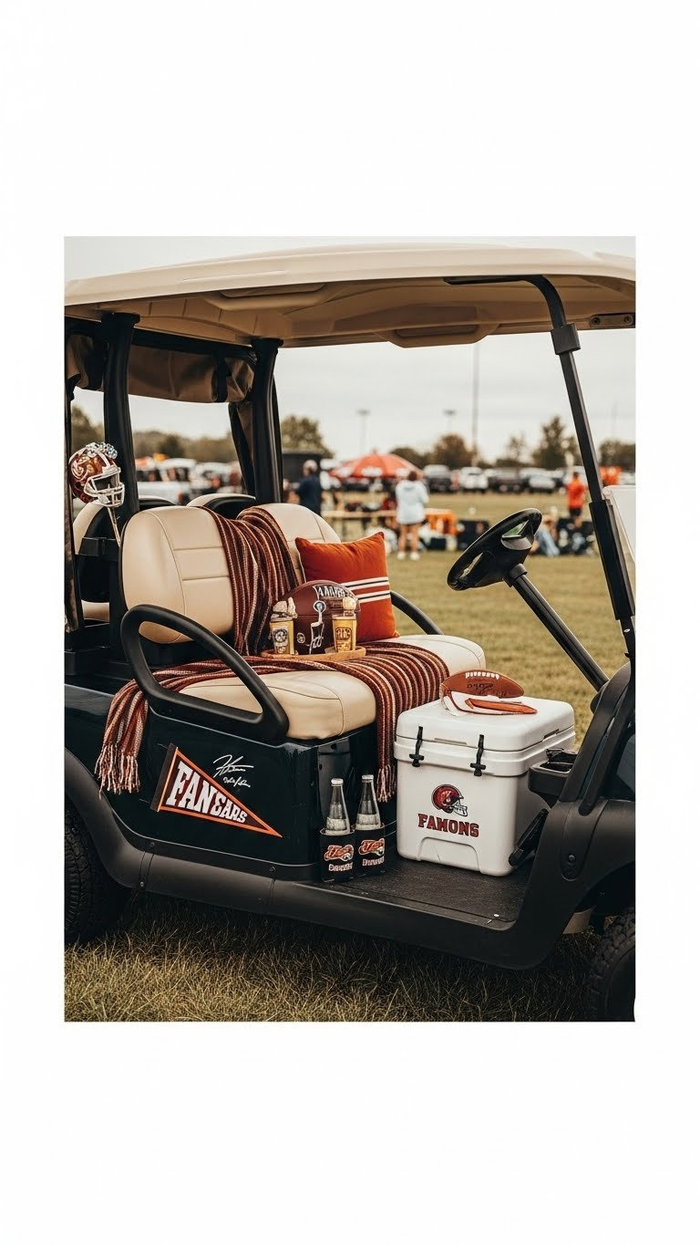Fan Cave Golf Cart Interior With Team Seat Covers, Cooler, And Sports Memorabilia For Tailgate Parties